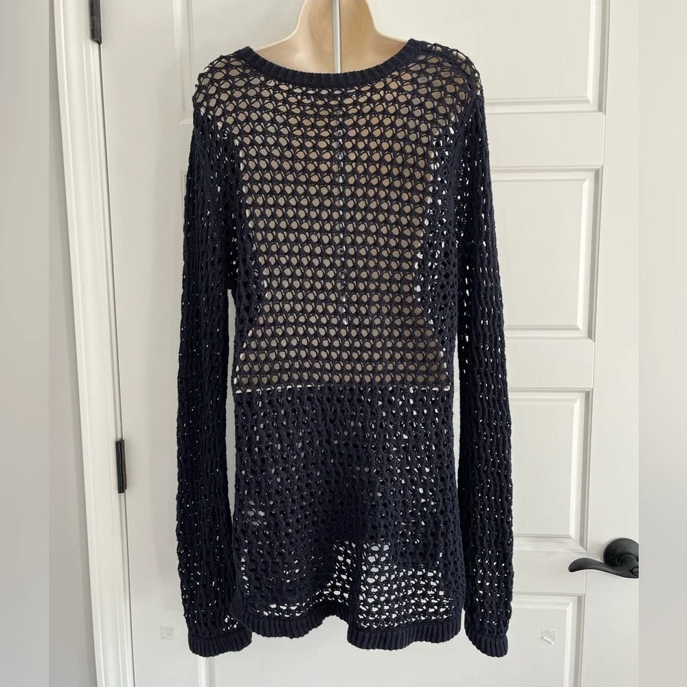 Michael Kors Cotton Navy Deep V Neck Open Knit Crochet Tunic Cover Up Dress XL